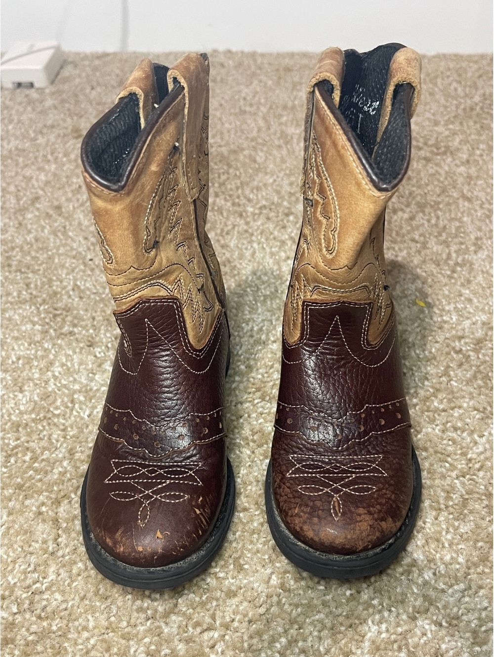 Old West Brown and Tan Leather Cowboy Boots Size 1